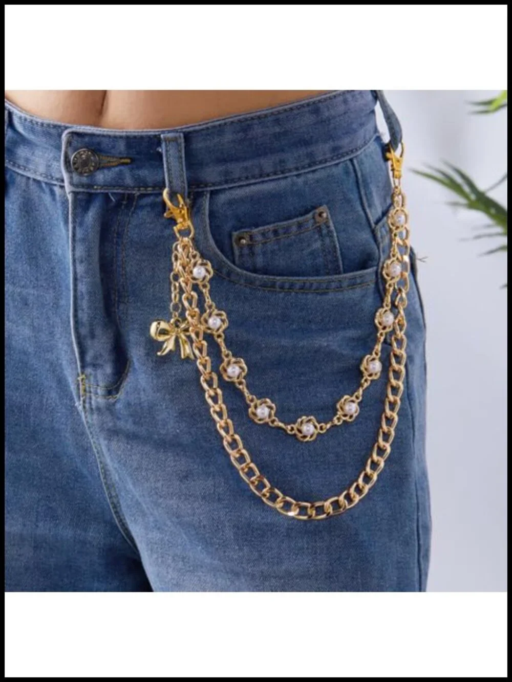 Layered Gold Pants Chain with Faux Pearls Bow Charm Adjustable Waist Chain Y2K